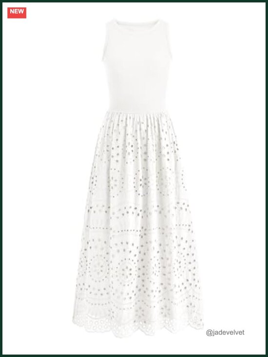 Dresses & Skirts - Sleeveless Lace Eyelet Cotton Maxi Dress with Pockets Boho Summer Sundress